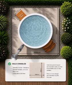 Dimensions de la dalle béton recommandée pour le bain nordique rond 200cm avec pôle interne