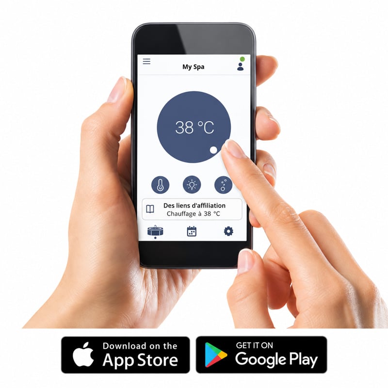 Illustration de l’application Gecko sur un téléphone tenu en main, disponible sur l’App Store et Google Play