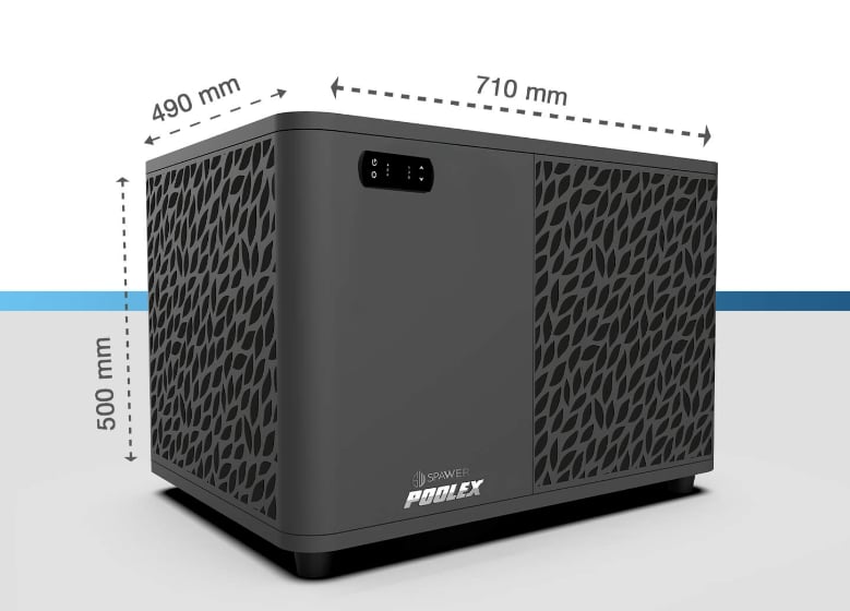 Dimensions de la pompe à chaleur Poolex Spawer 7 kW : 710 par 490 par 500 millimètres