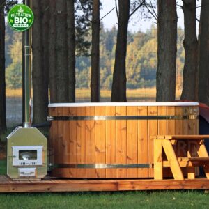 bain nordique rond de 225cm de large en bois avec poêle externe