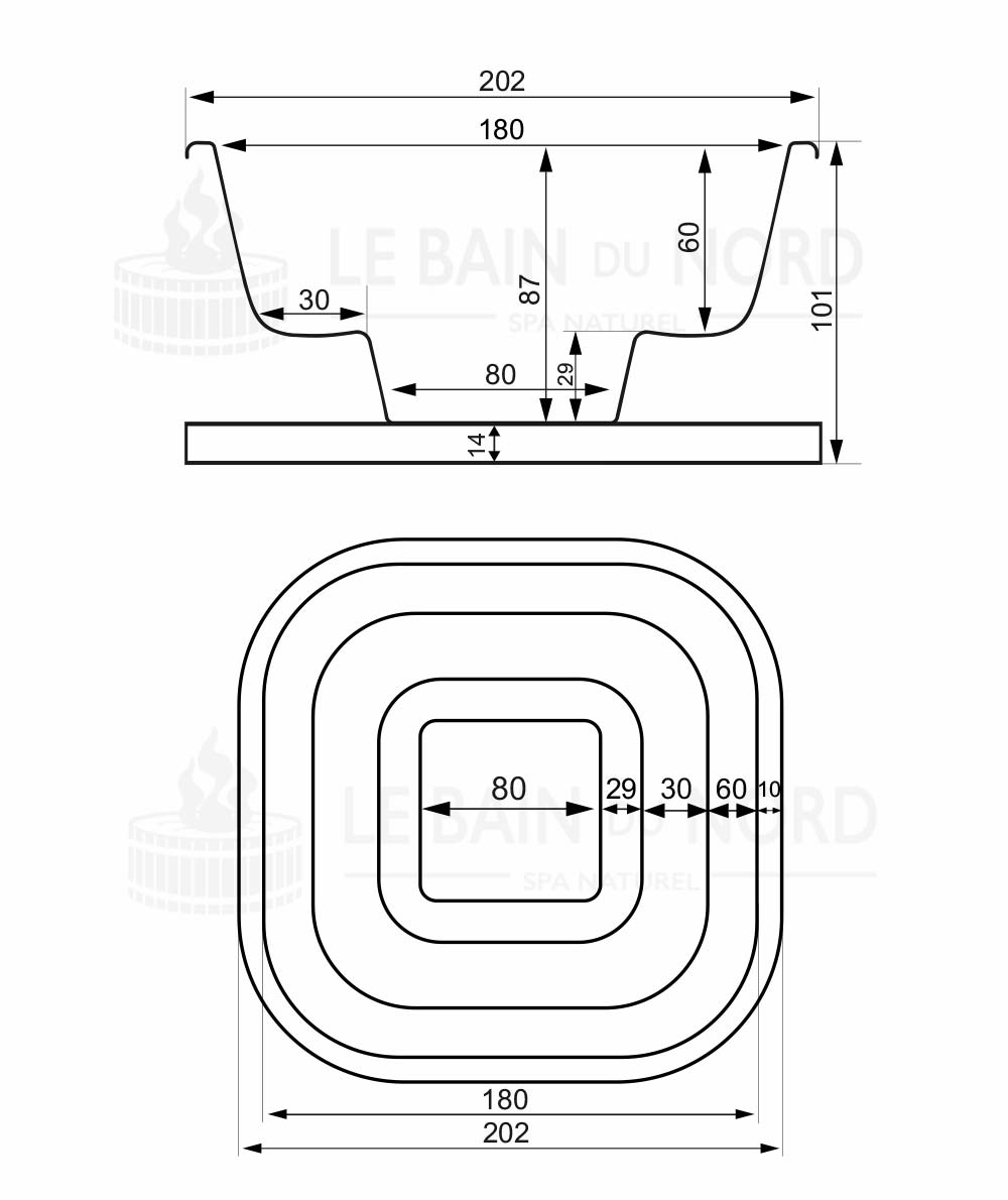 Dimensions de la cuve du bain nordique carré 200cm avec pôle externe