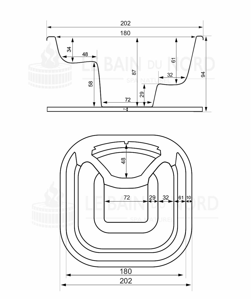 Dimensions de la cuve Dimensions de la cuve du bain nordique carré 200cm avec pôle interne