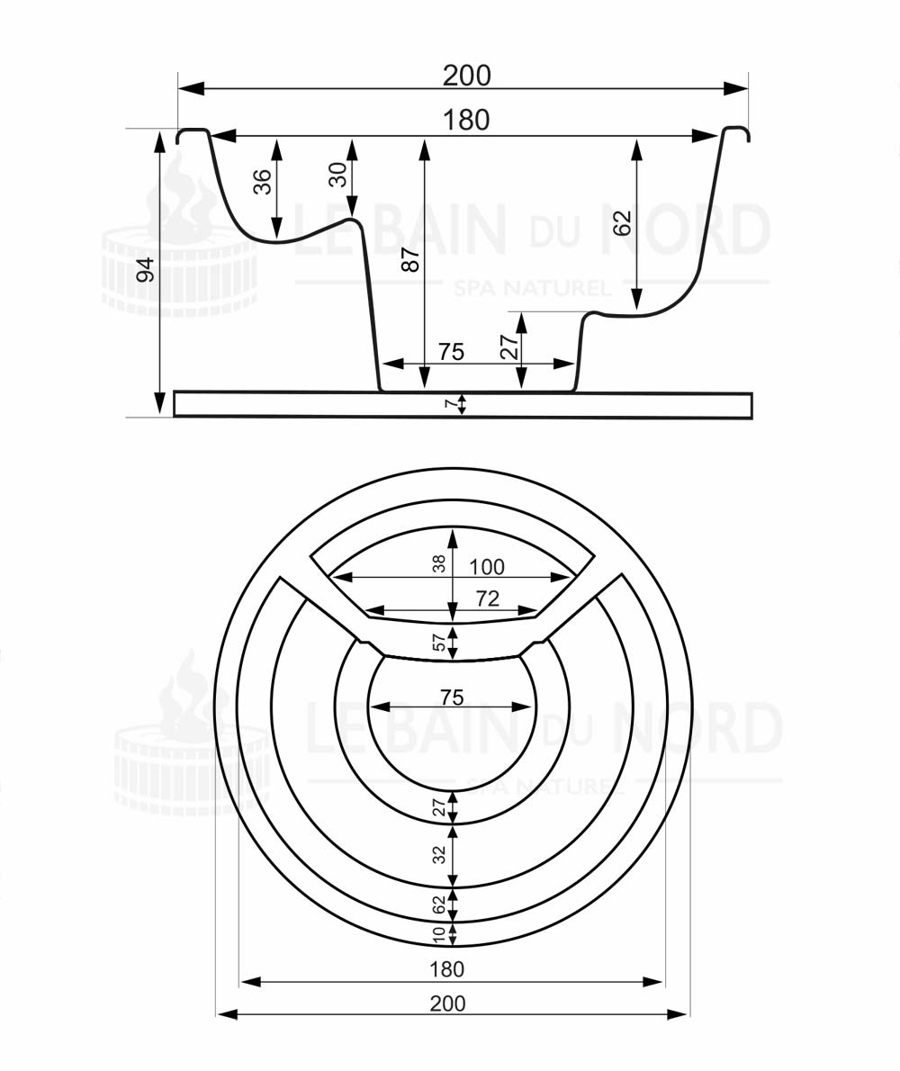 Dimensions de la cuve Dimensions de la cuve du bain nordique rond 200cm