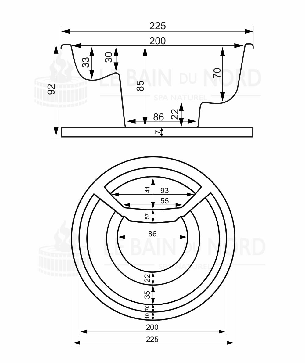 Dimensions de la cuve du bain nordique rond 225cm