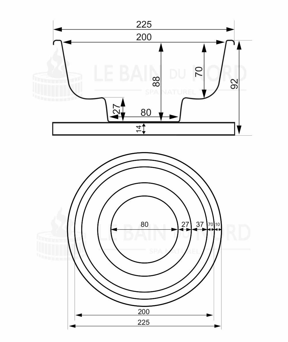 Dimensions de la cuve du bain nordique rond 225cm avec pôle externe