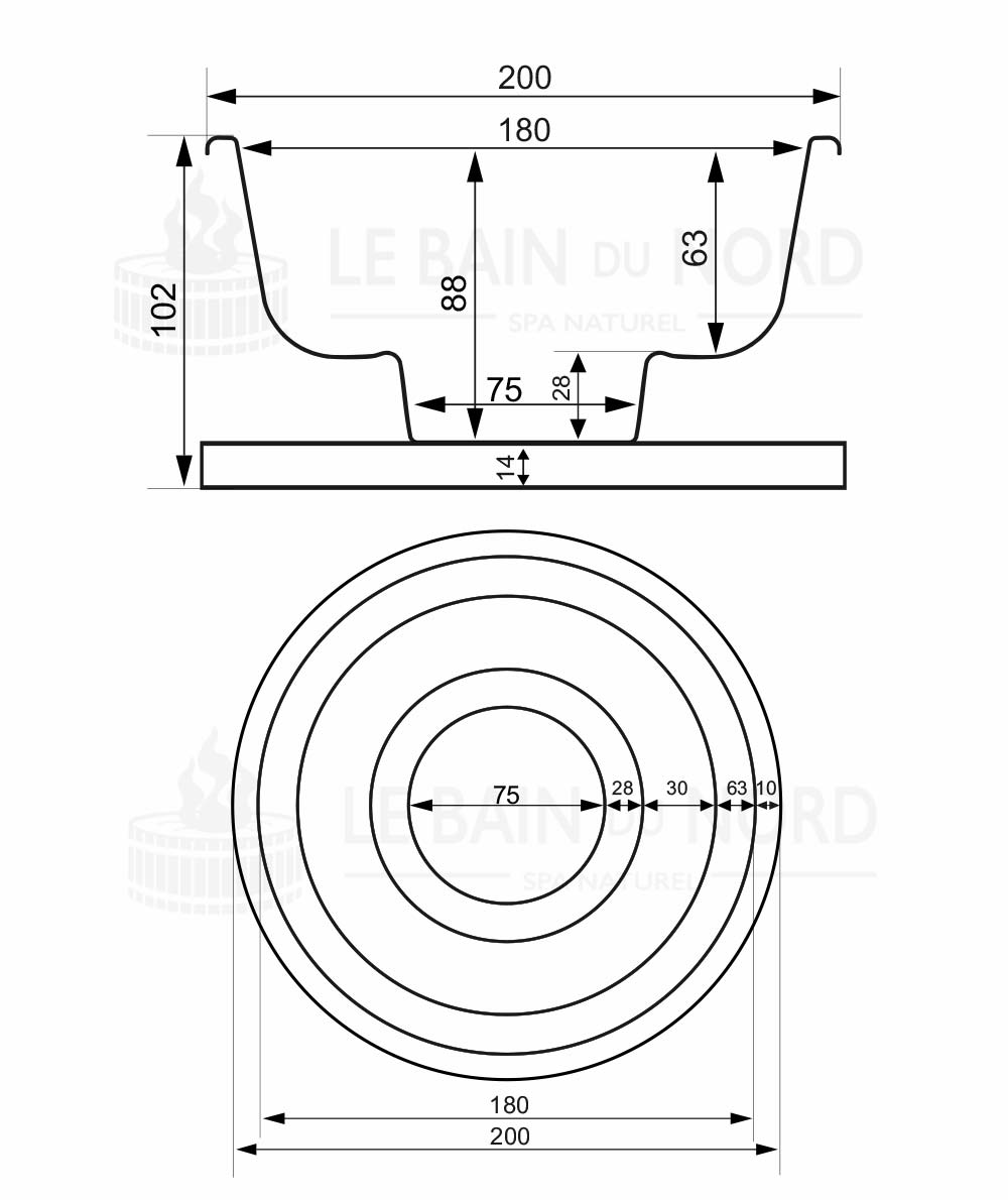 Dimensions de la cuve du bain nordique rond 200cm avec pôle interne